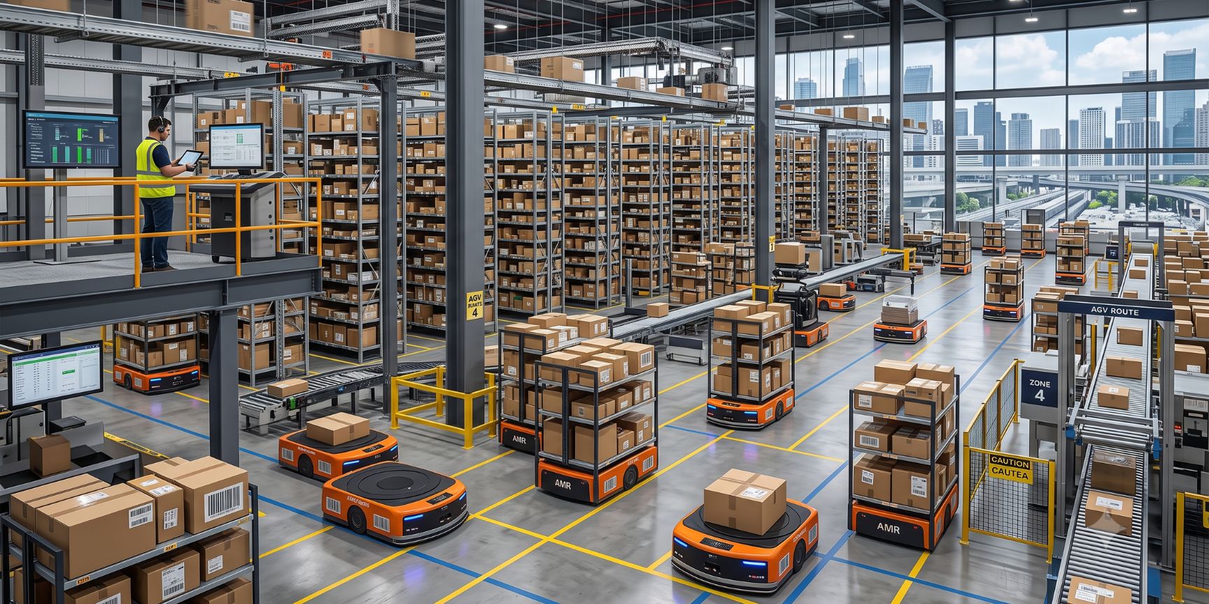 Hochautomatisiertes urbanes Logistikzentrum mit fahrerlosen Transportsystemen und Roboter-Kommissionierung für effiziente Same-Day-Delivery.